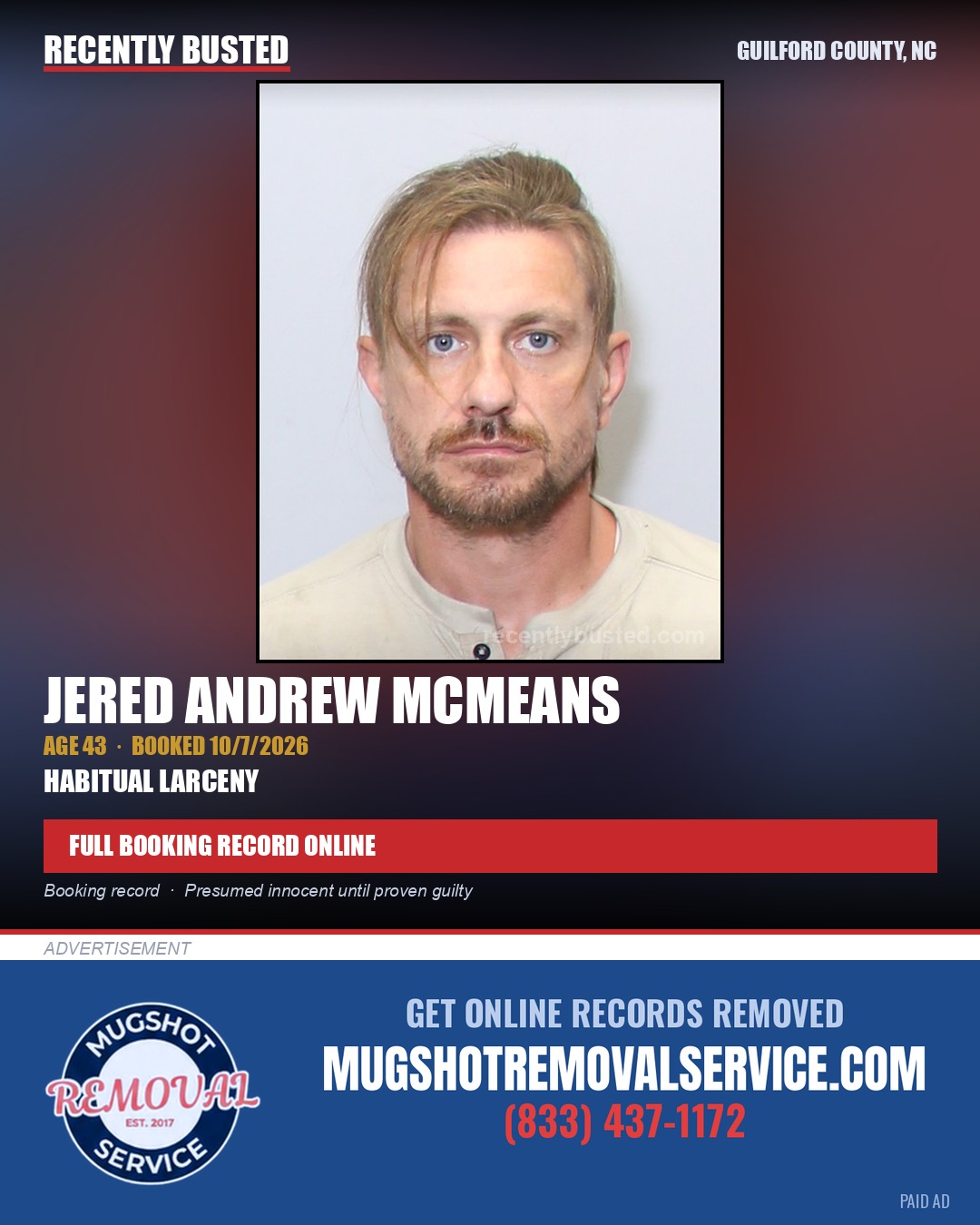 JERED ANDREW MCMEANS — arrest record card, Guilford County, North Carolina