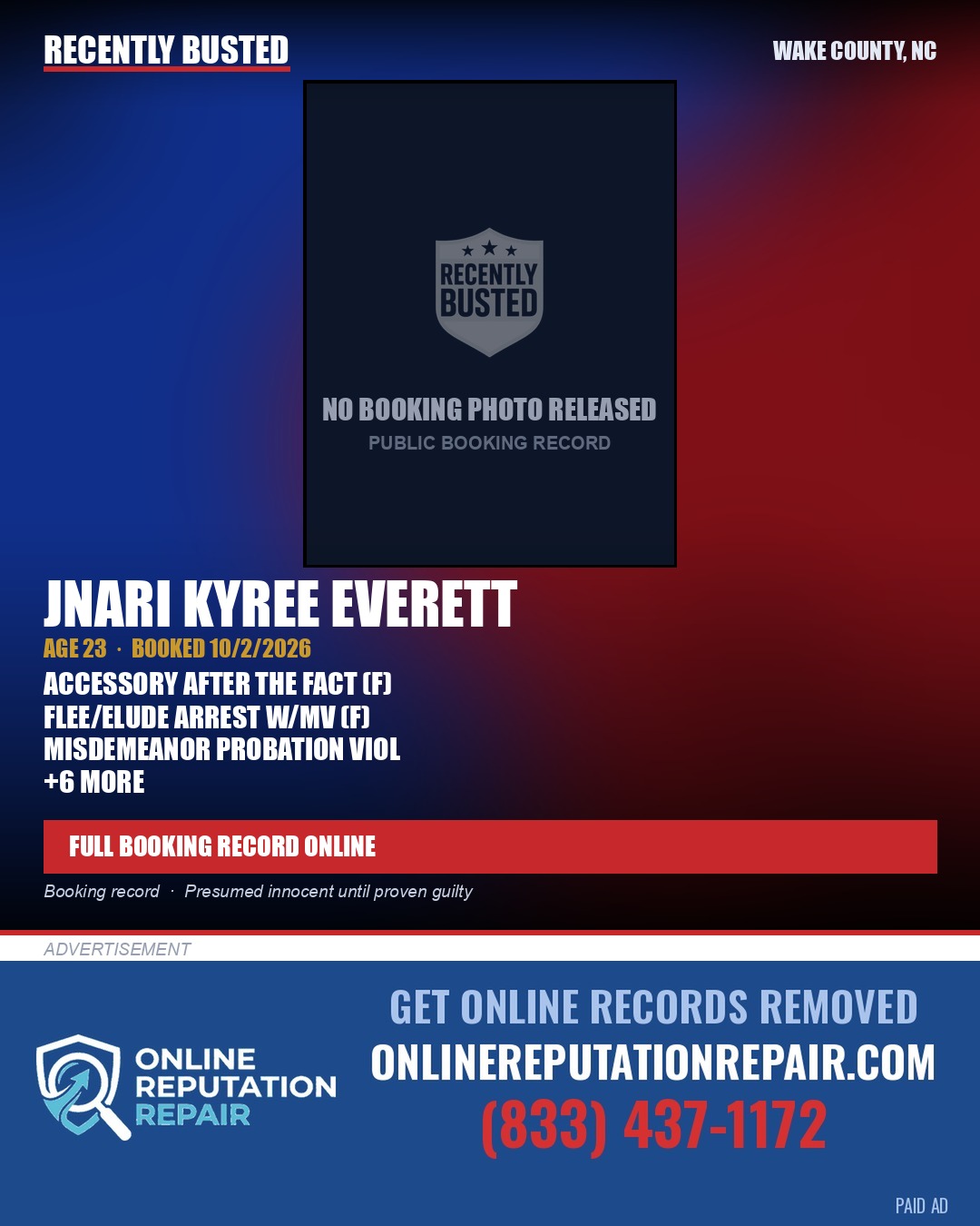JNARI KYREE EVERETT — arrest record card, Wake County, North Carolina