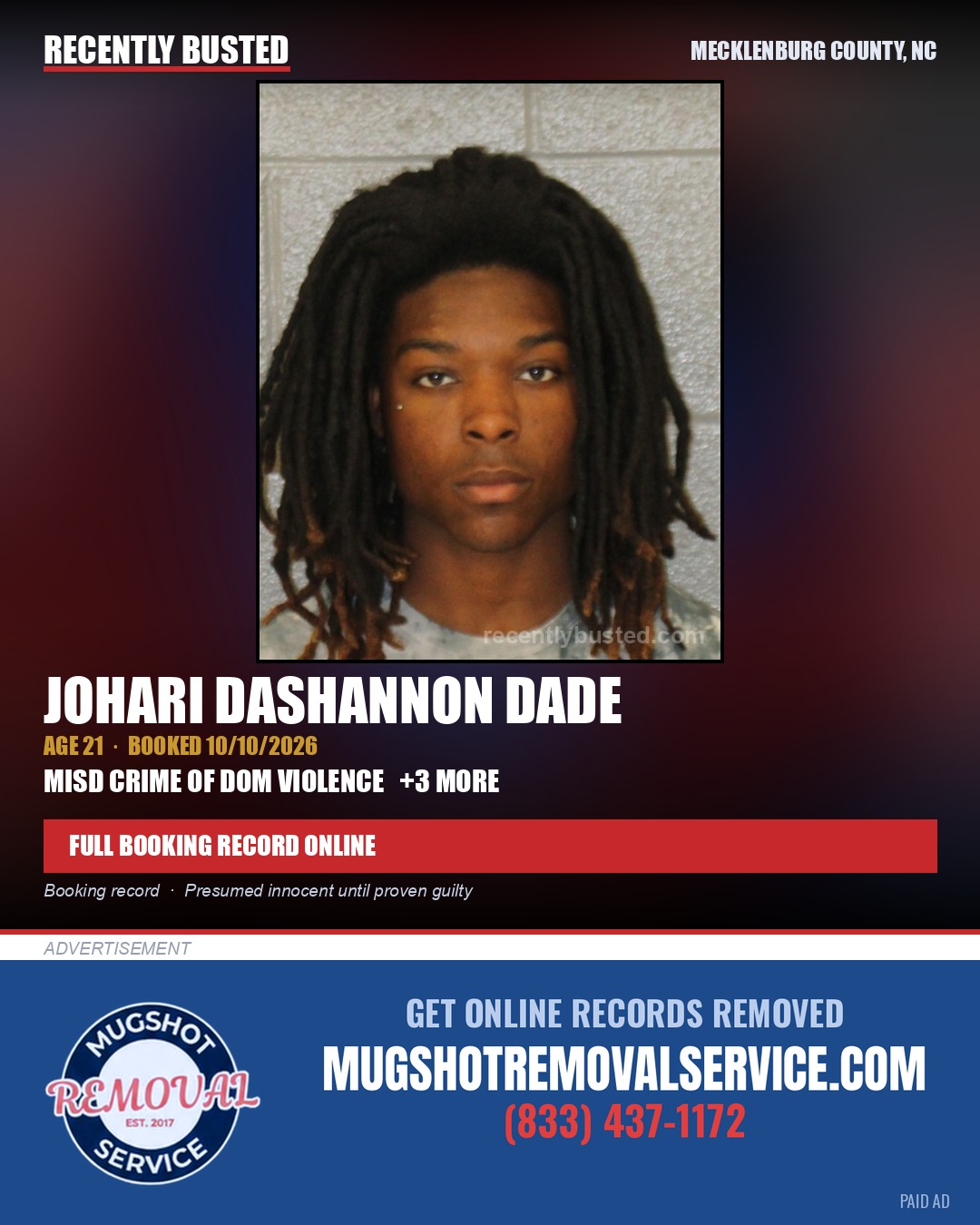 JOHARI DASHANNON DADE — arrest record card, Mecklenburg County, North Carolina