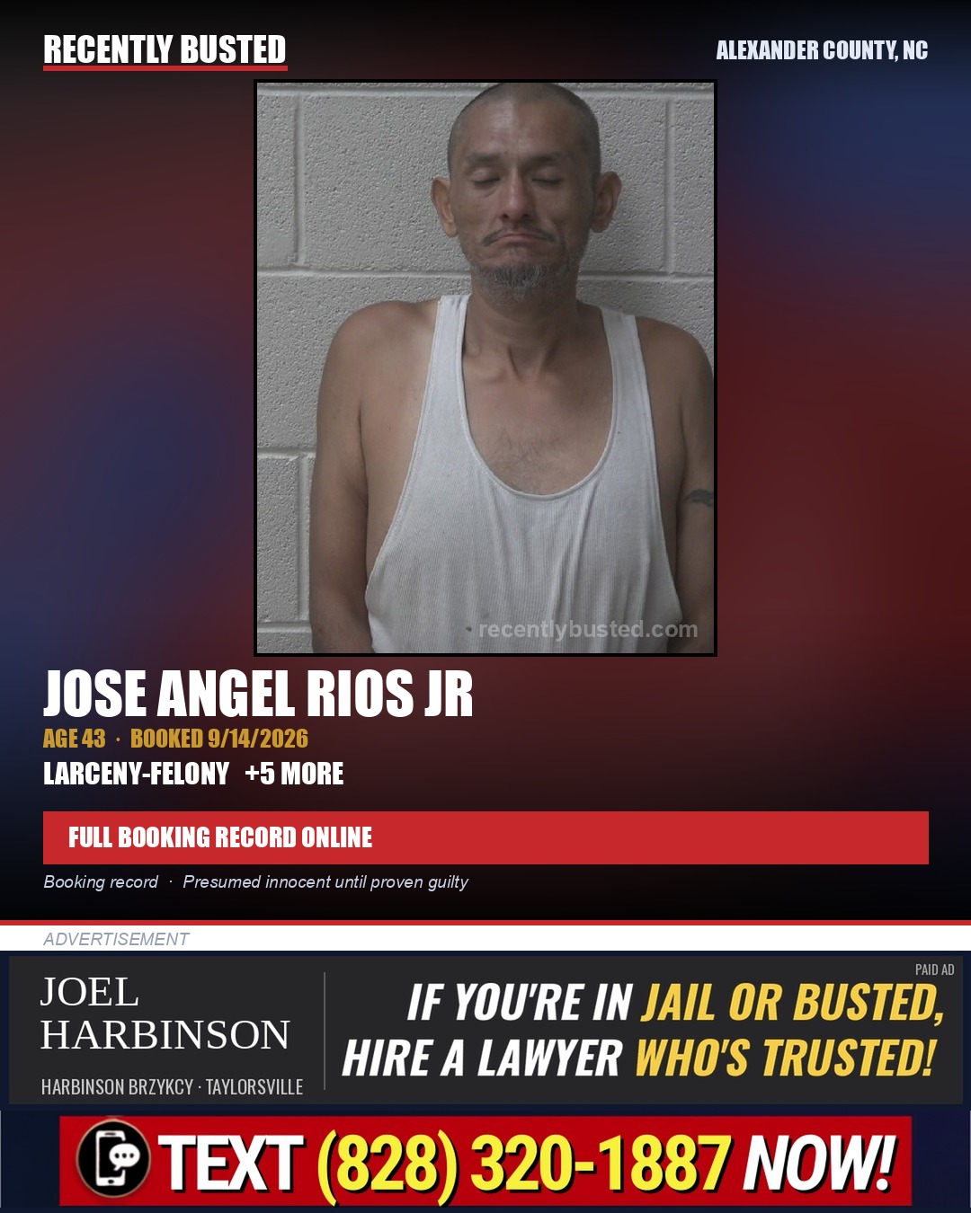JOSE ANGEL RIOS JR — arrest record card, Alexander County, North Carolina