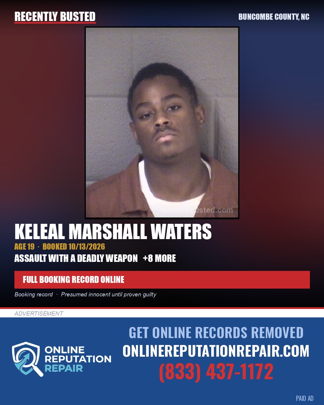KELEAL MARSHALL WATERS — arrest record card, Buncombe County, North Carolina