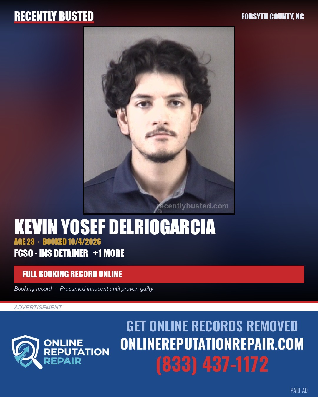 KEVIN YOSEF DELRIOGARCIA — arrest record card, Forsyth County, North Carolina