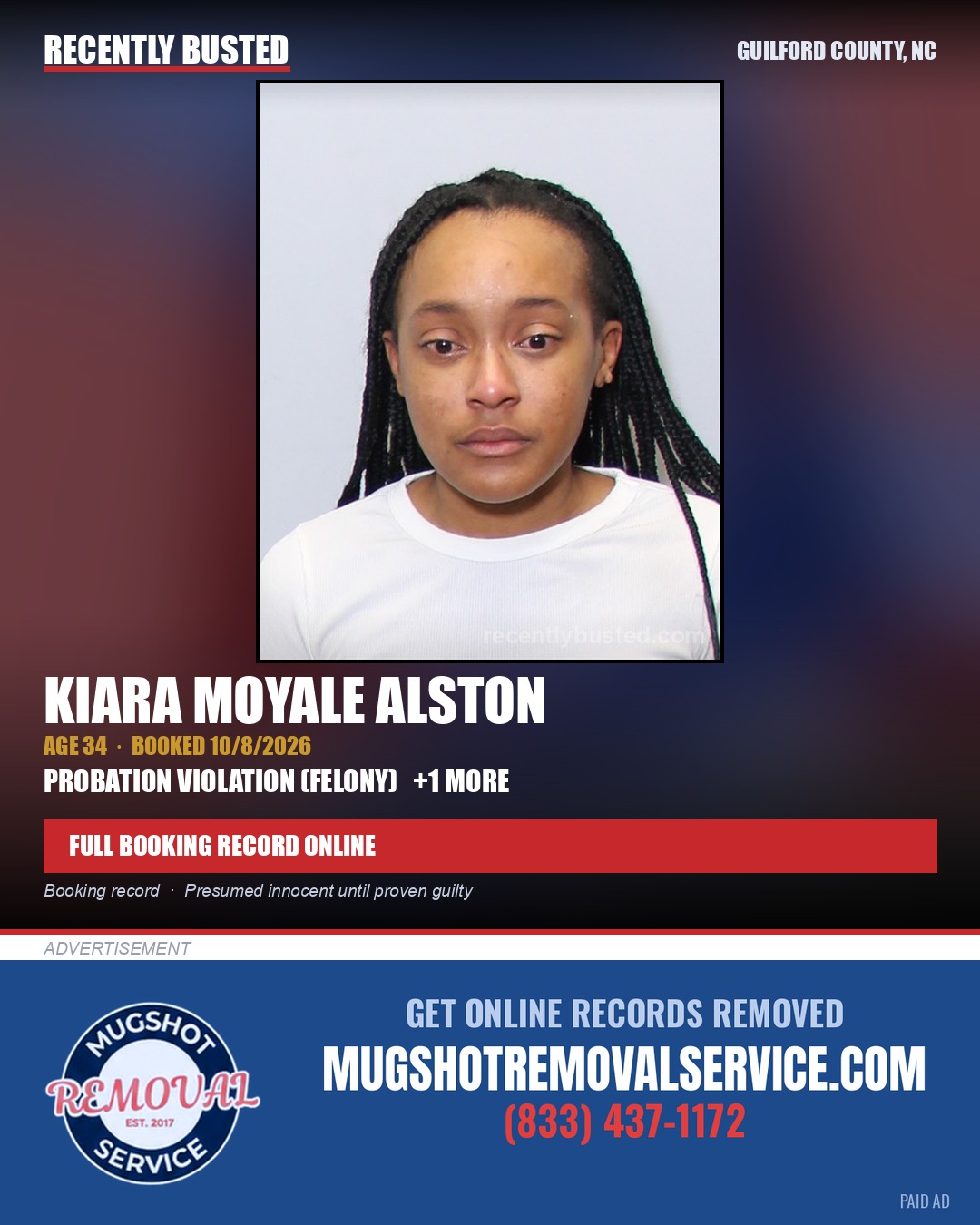 KIARA MOYALE ALSTON — arrest record card, Guilford County, North Carolina