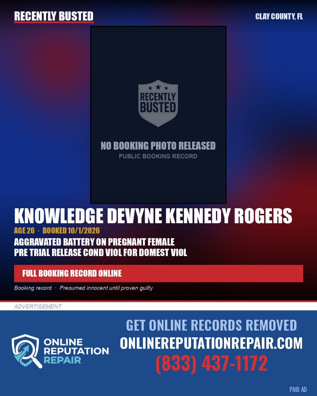 KNOWLEDGE DEVYNE KENNEDY ROGERS — arrest record card, Clay County, Florida