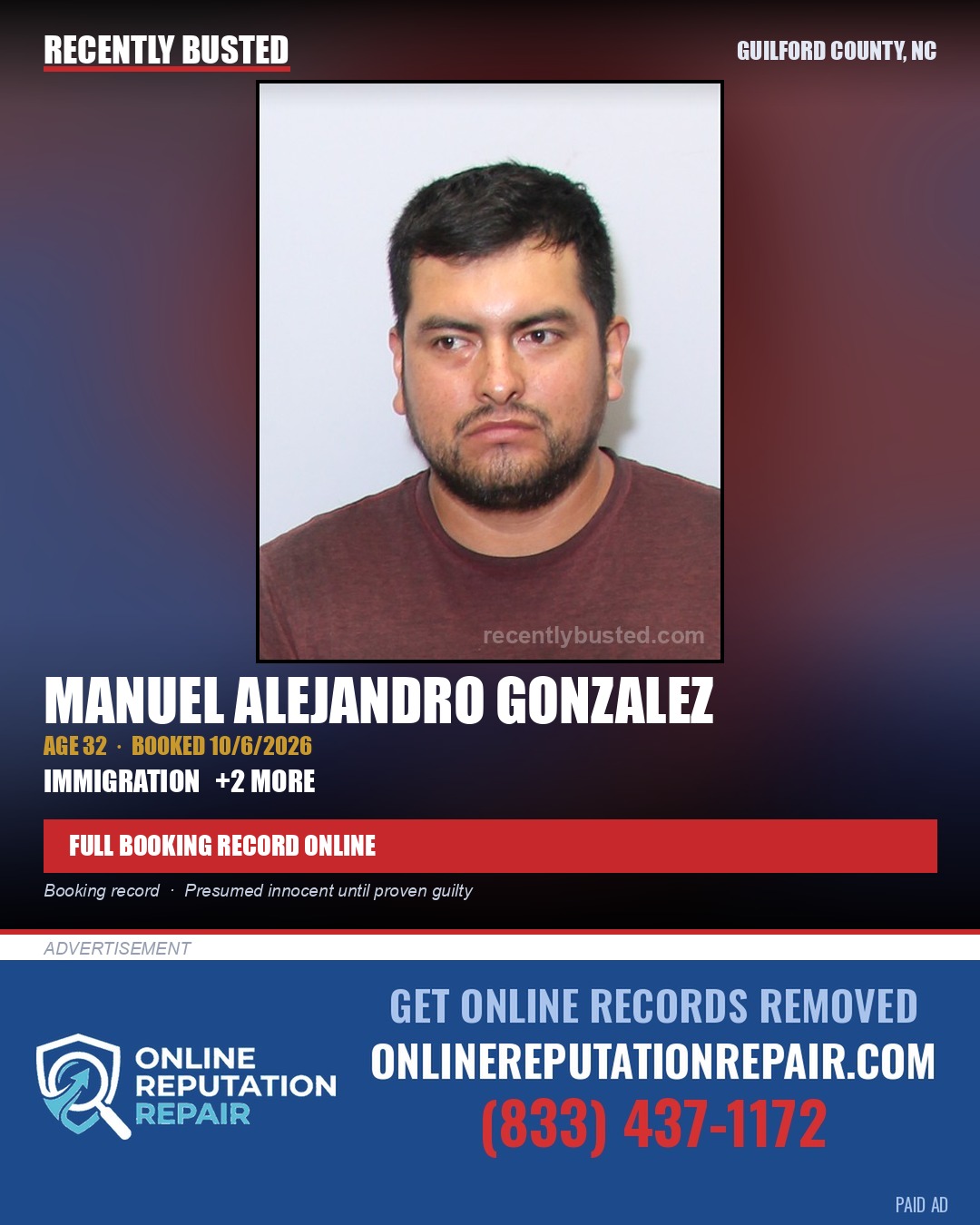 MANUEL ALEJANDRO GONZALEZ — arrest record card, Guilford County, North Carolina