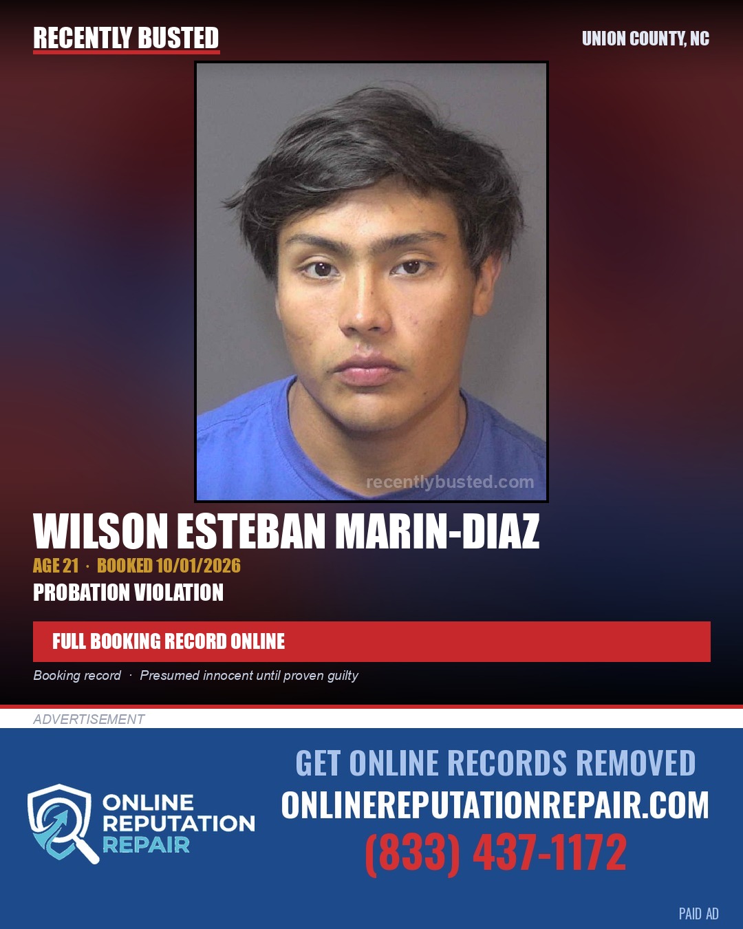 MARIN-DIAZ, WILSON ESTEBAN — arrest record card, Union County, North Carolina