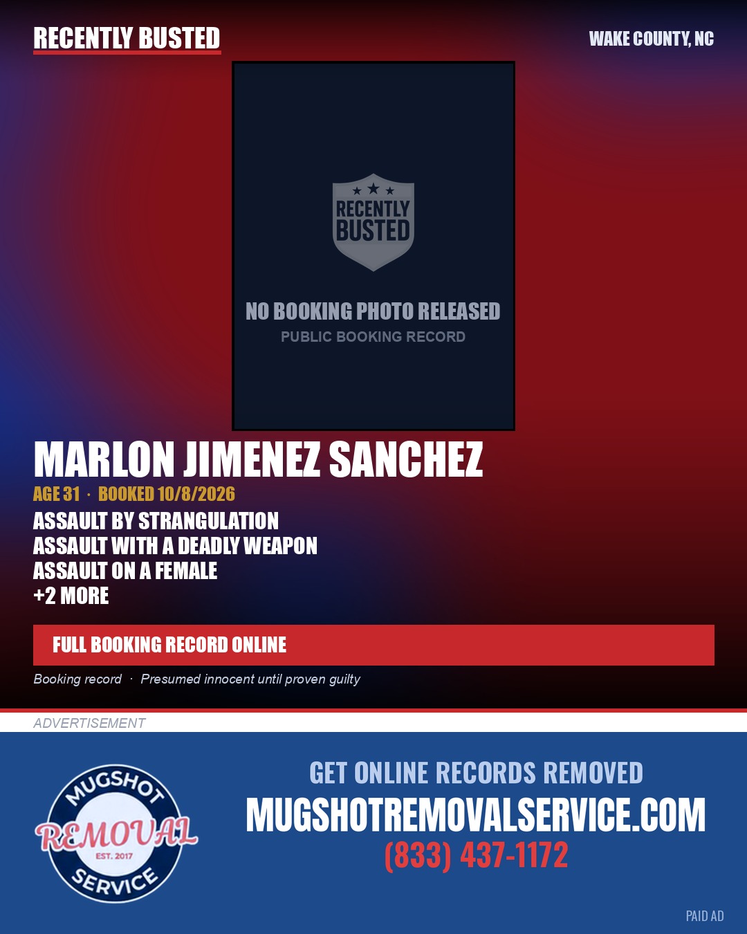 MARLON JIMENEZ SANCHEZ — arrest record card, Wake County, North Carolina