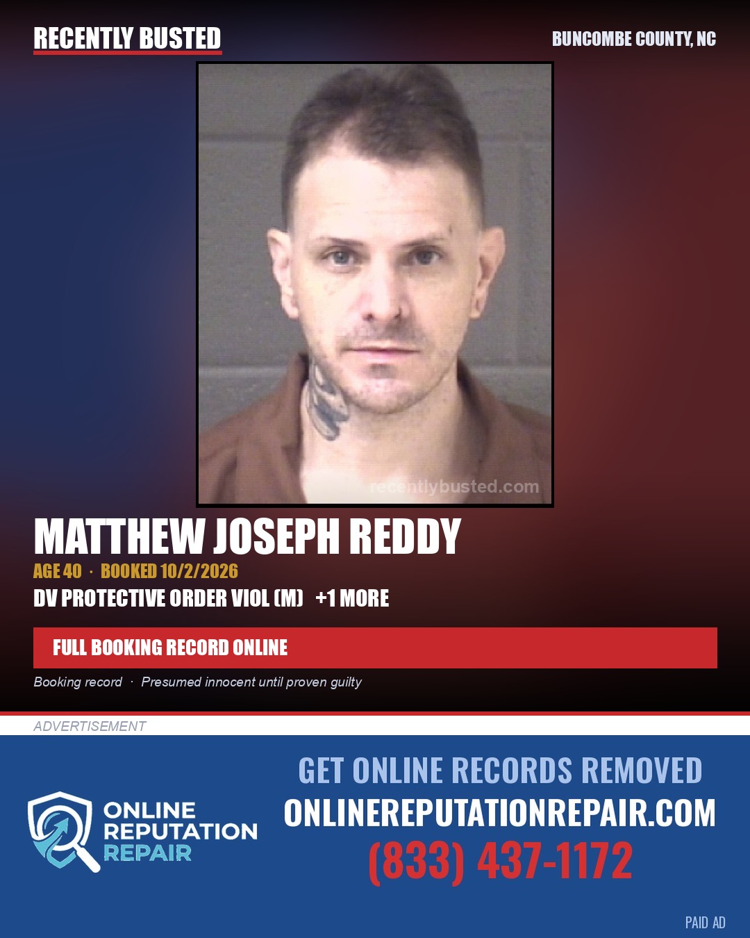 MATTHEW JOSEPH REDDY — arrest record card, Buncombe County, North Carolina
