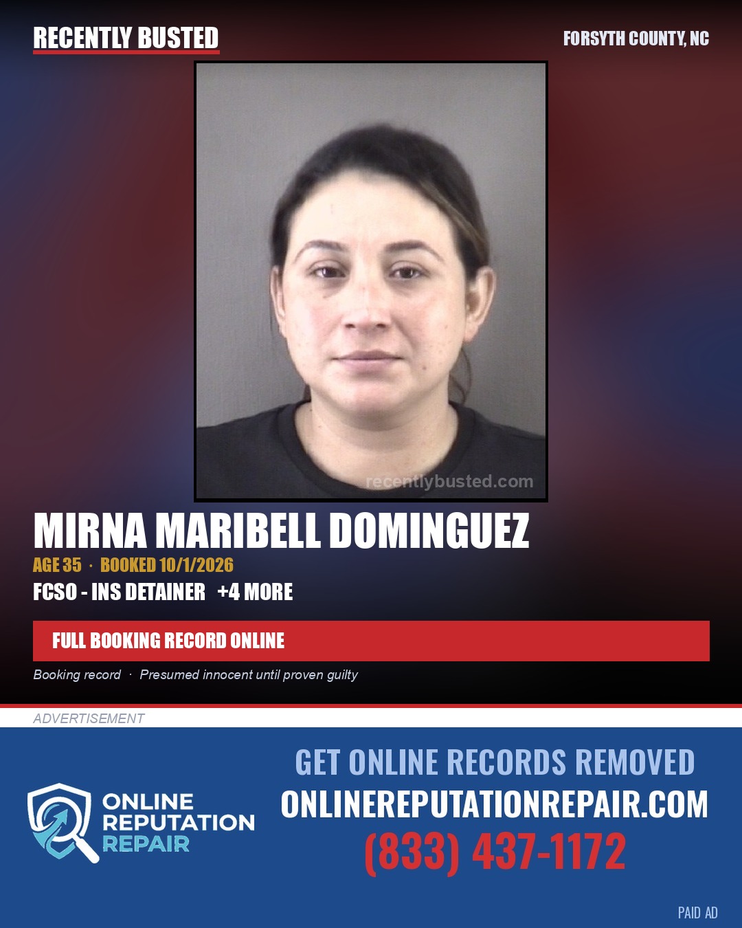 MIRNA MARIBELL DOMINGUEZ — arrest record card, Forsyth County, North Carolina