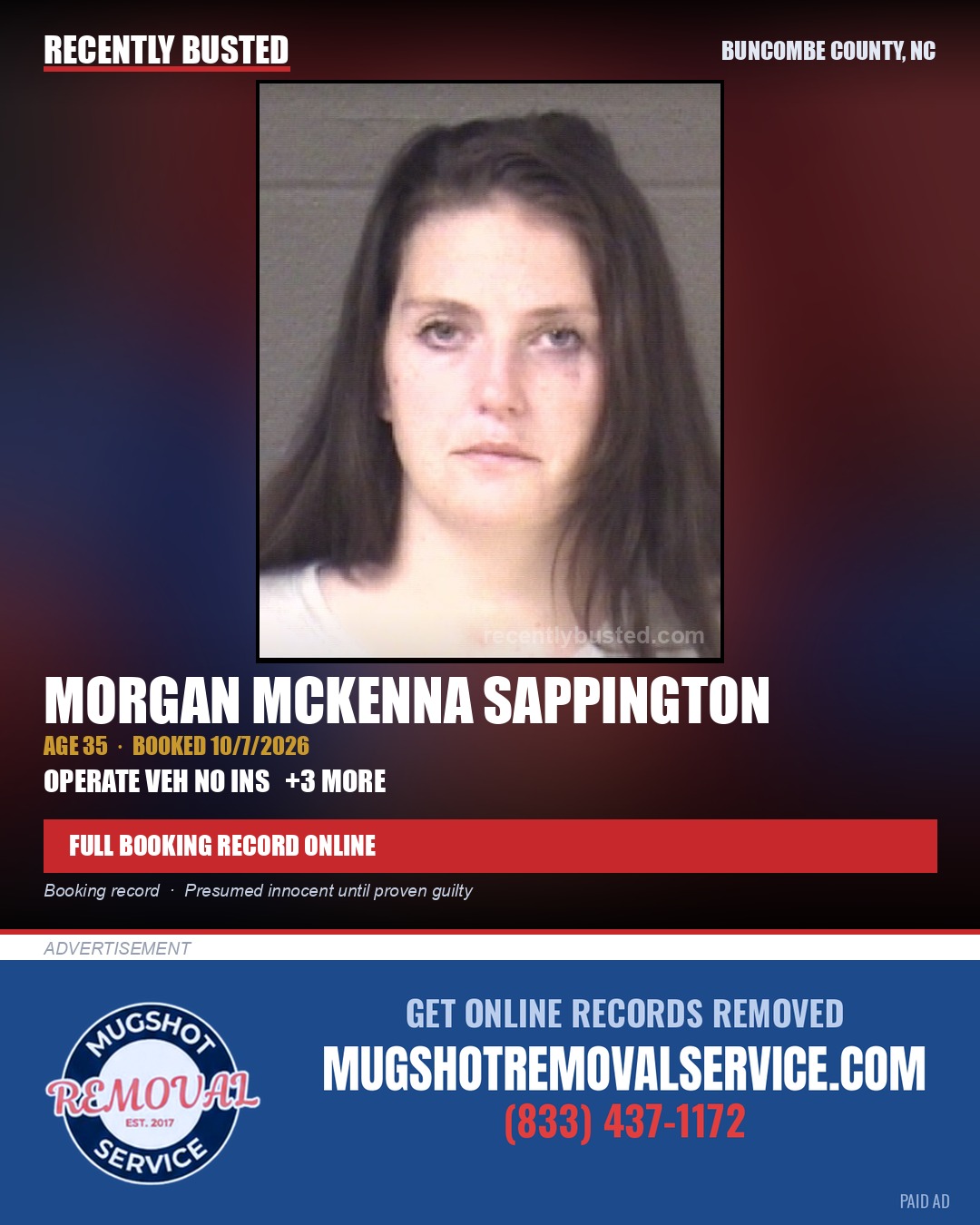 MORGAN MCKENNA SAPPINGTON — arrest record card, Buncombe County, North Carolina