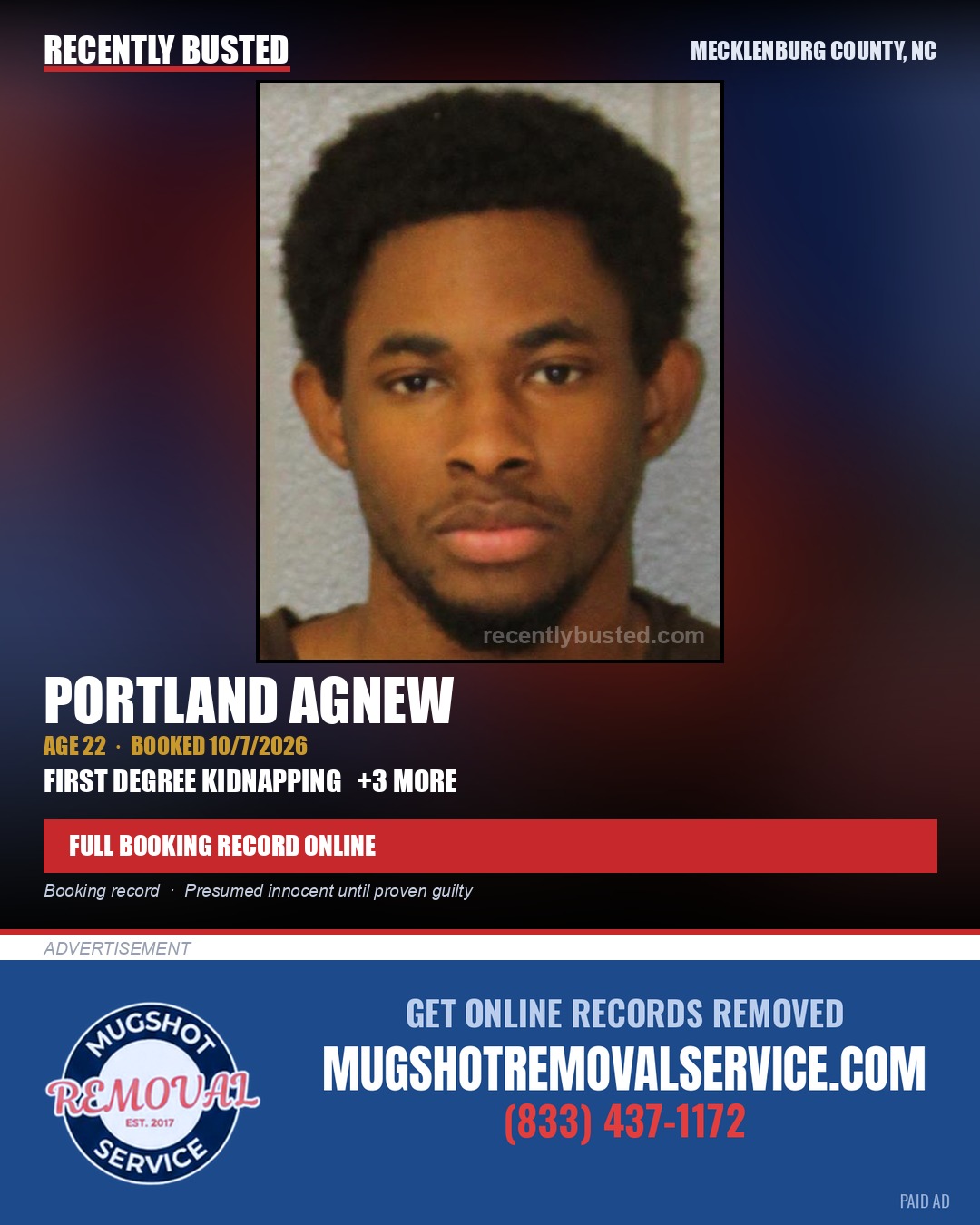 PORTLAND AGNEW — arrest record card, Mecklenburg County, North Carolina