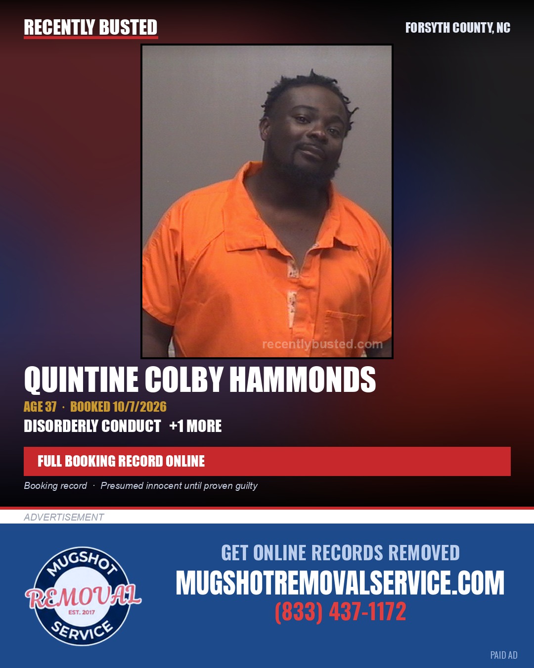 QUINTINE COLBY HAMMONDS — arrest record card, Forsyth County, North Carolina