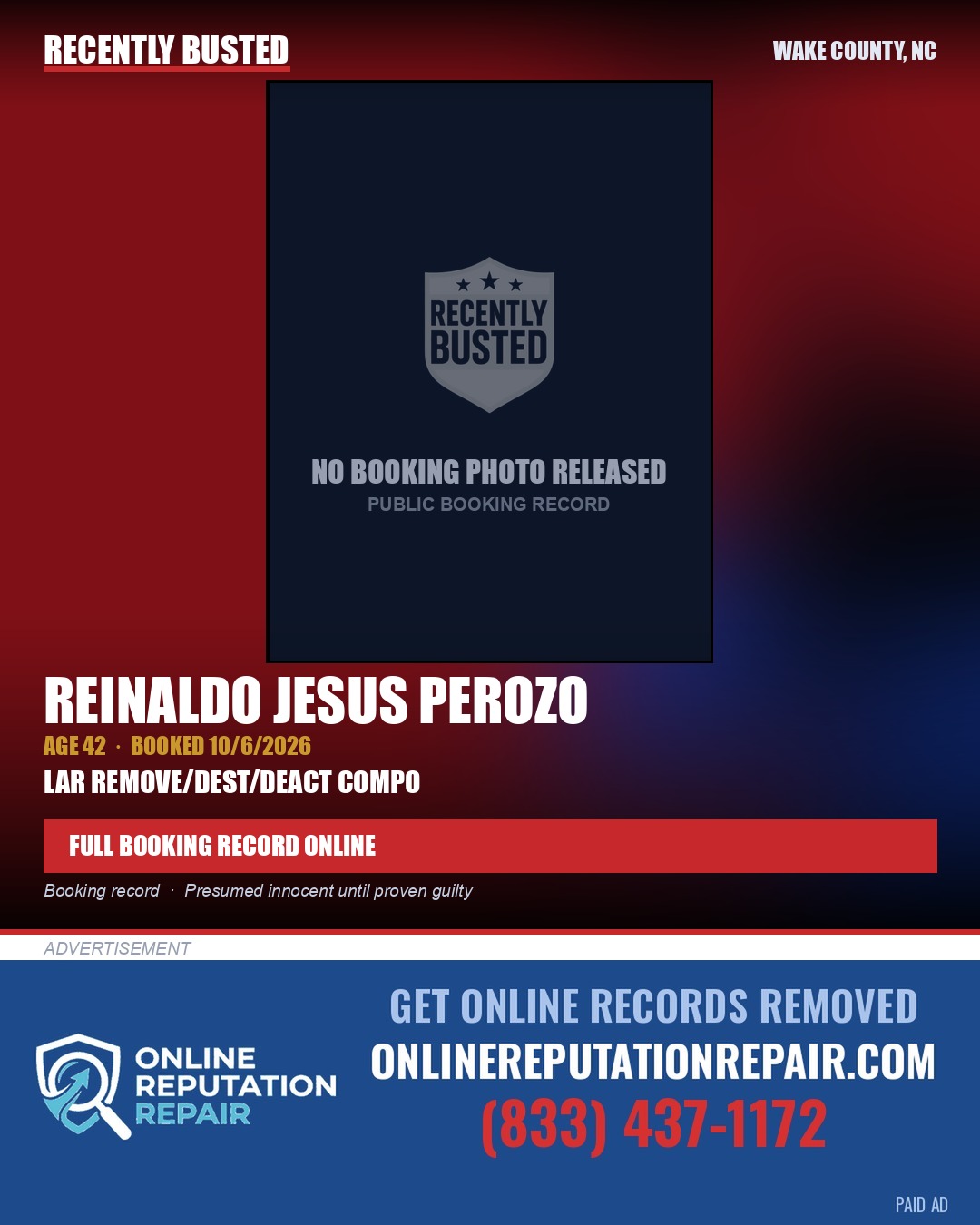 REINALDO JESUS PEROZO — arrest record card, Wake County, North Carolina