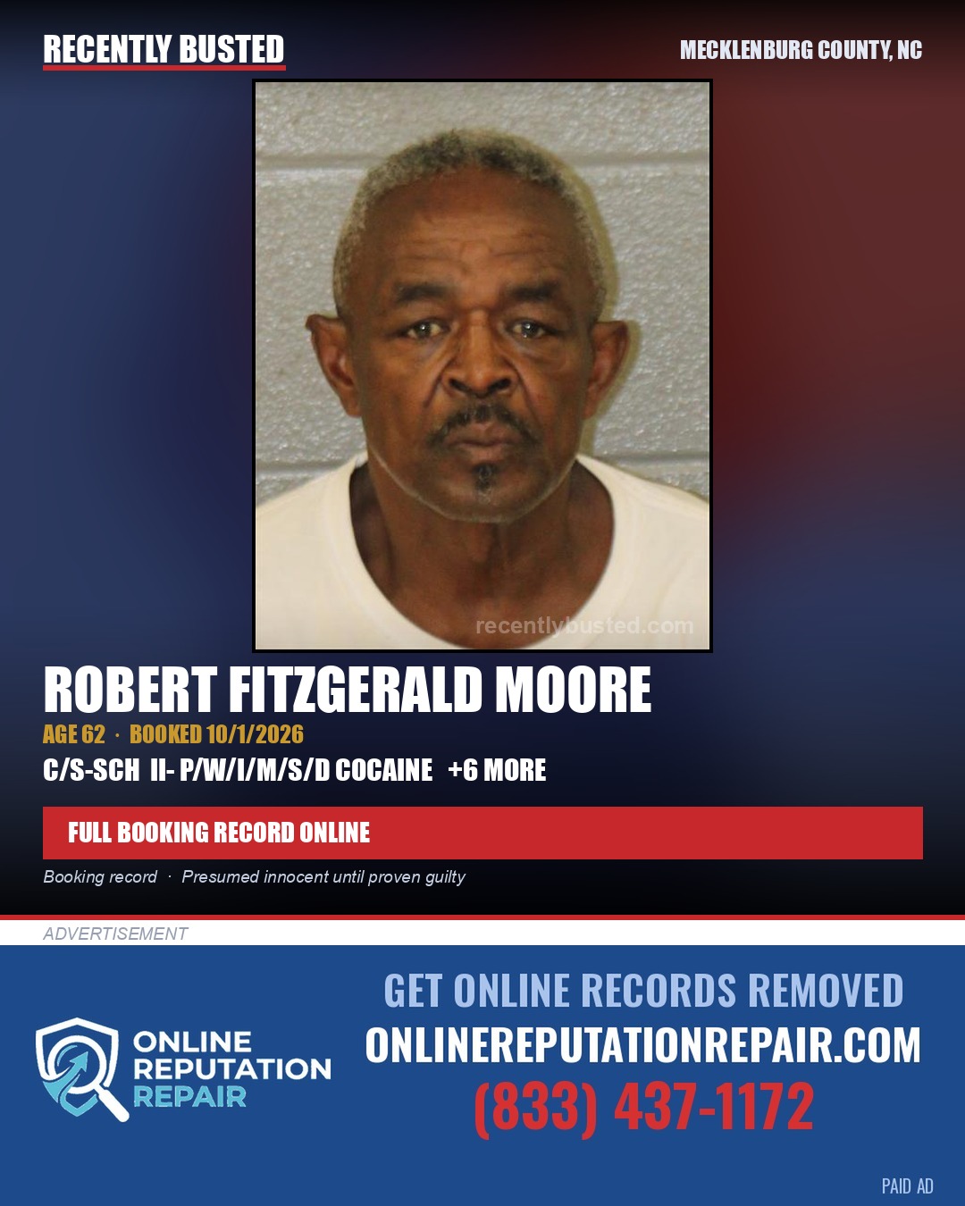 ROBERT FITZGERALD MOORE — arrest record card, Mecklenburg County, North Carolina