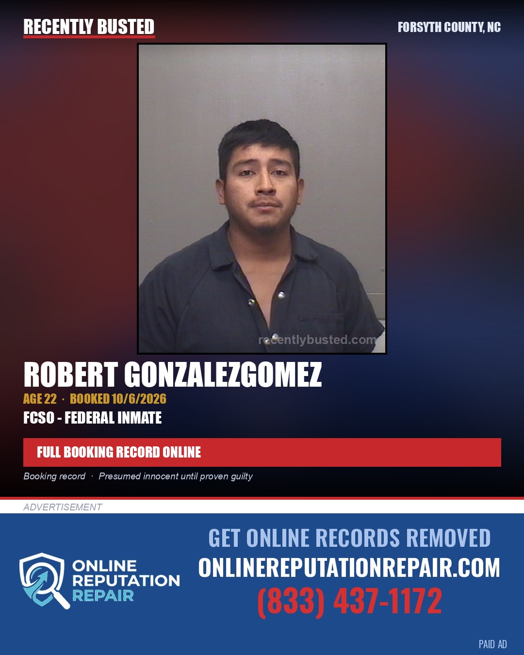 ROBERT GONZALEZGOMEZ — arrest record card, Forsyth County, North Carolina