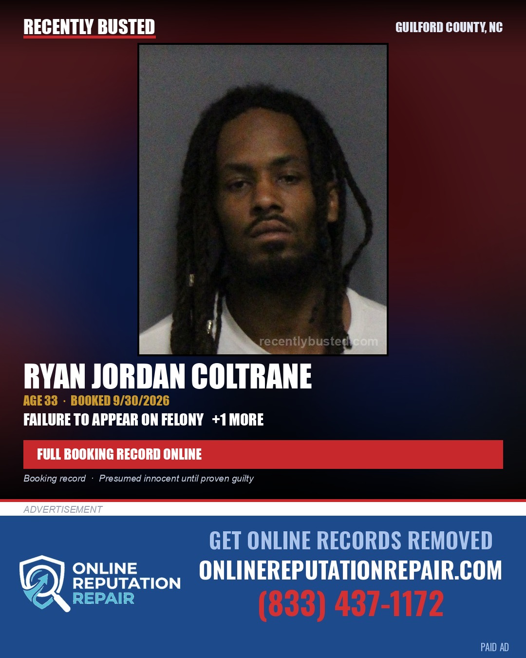 RYAN JORDAN COLTRANE — arrest record card, Guilford County, North Carolina