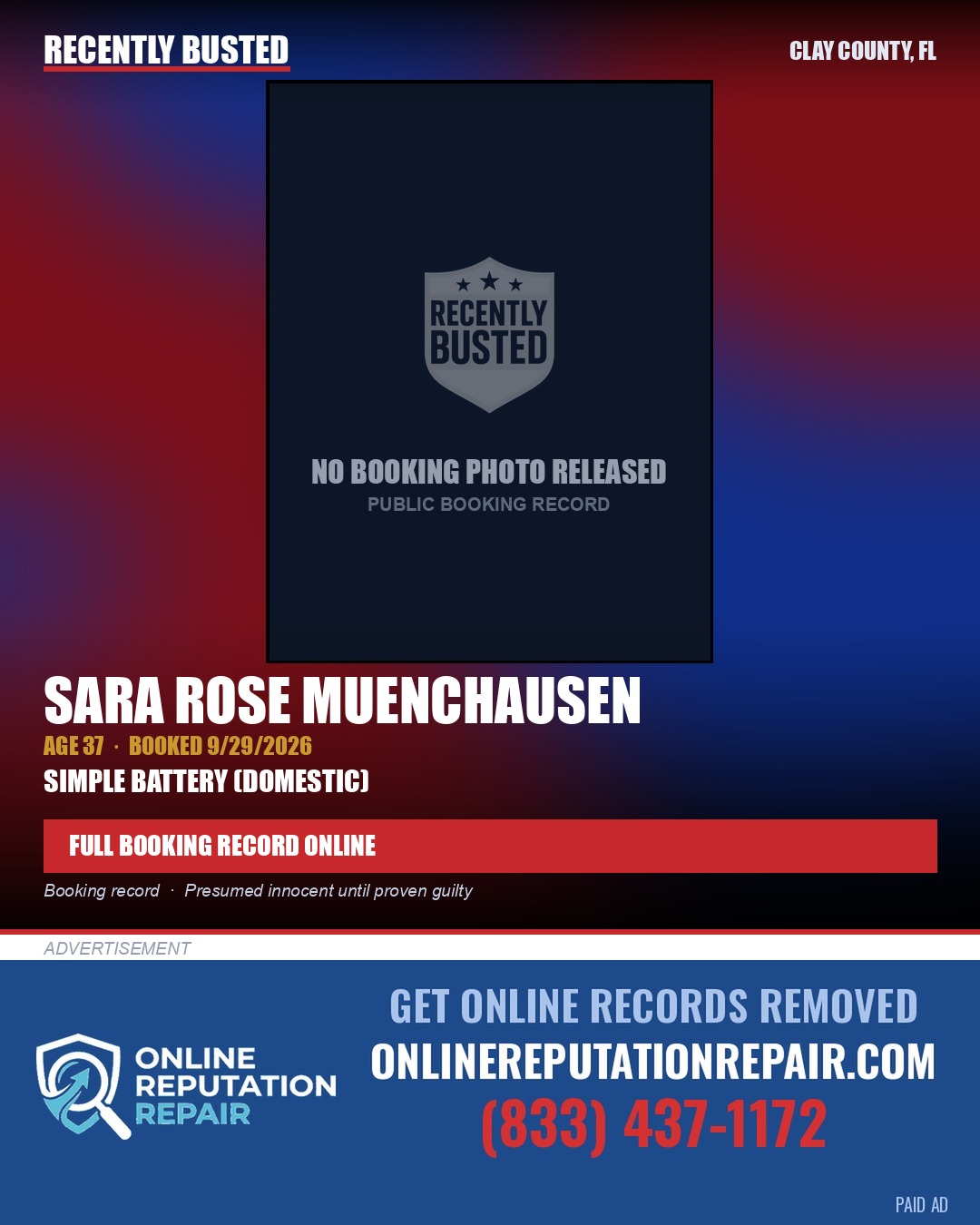 SARA ROSE MUENCHAUSEN — arrest record card, Clay County, Florida