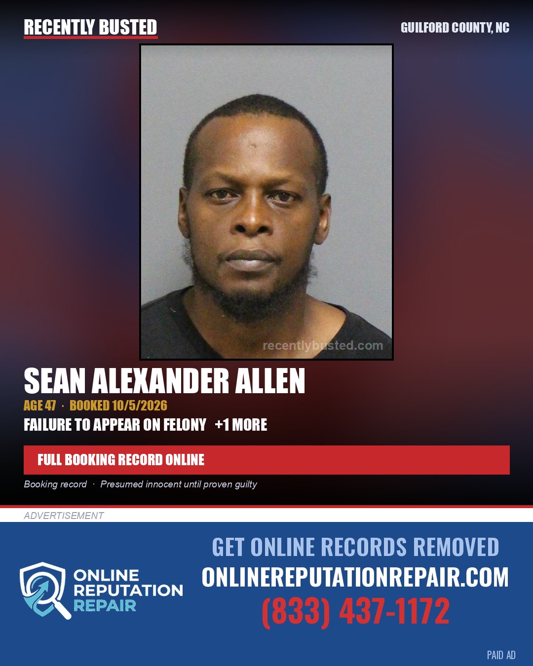 SEAN ALEXANDER ALLEN — arrest record card, Guilford County, North Carolina