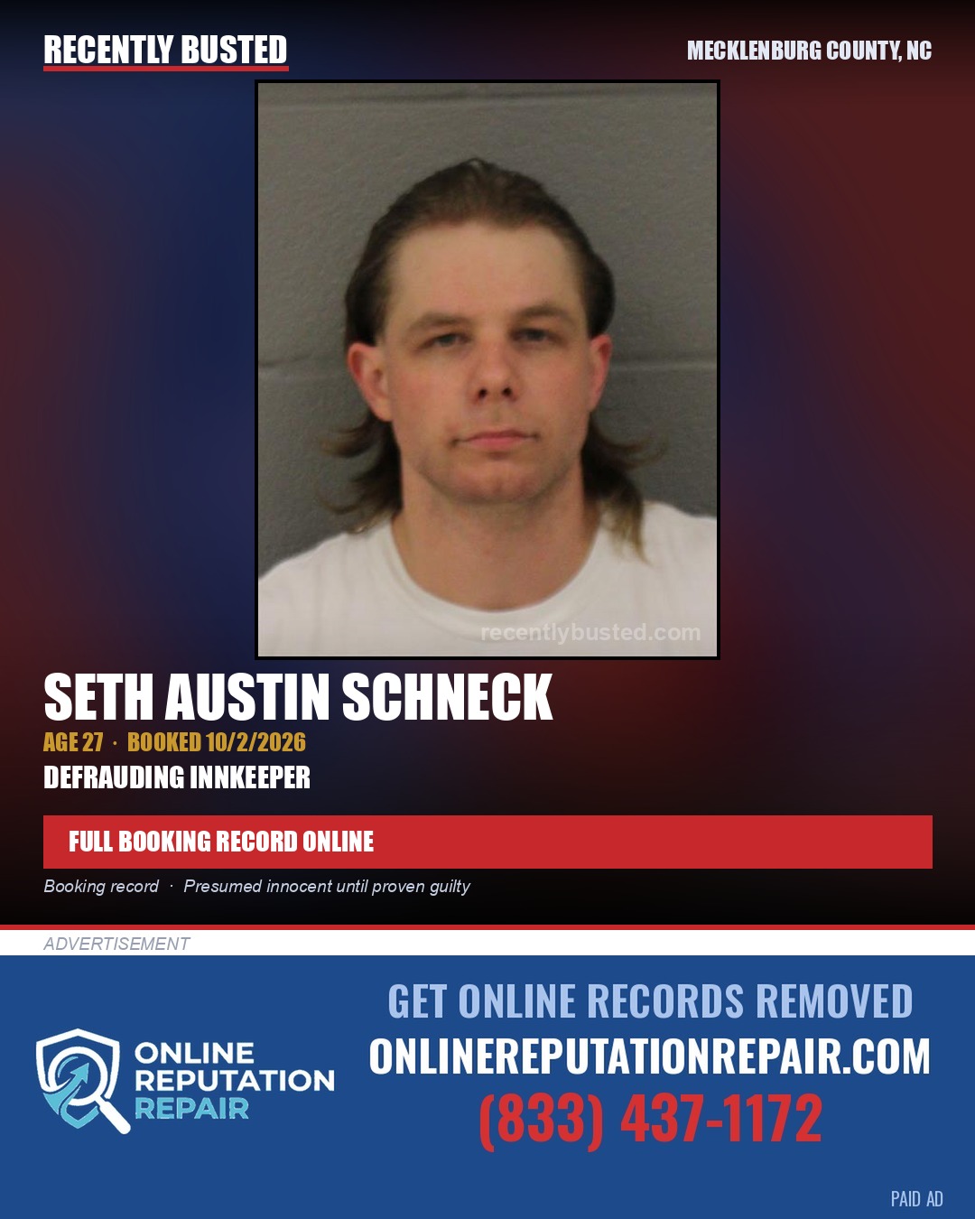 SETH AUSTIN SCHNECK — arrest record card, Mecklenburg County, North Carolina