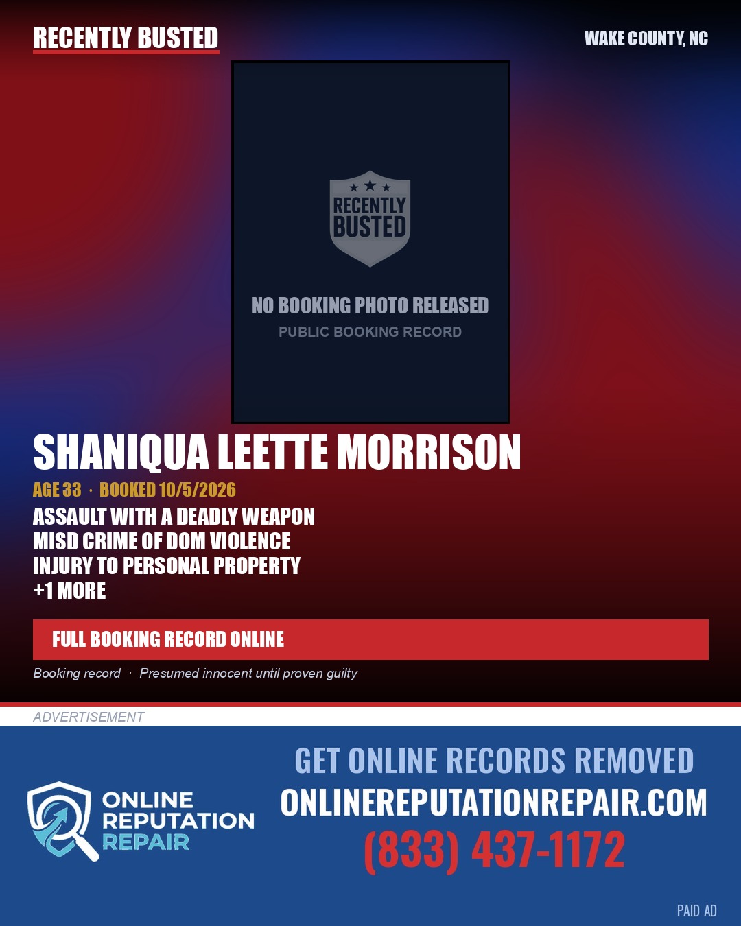 SHANIQUA LEETTE MORRISON — arrest record card, Wake County, North Carolina