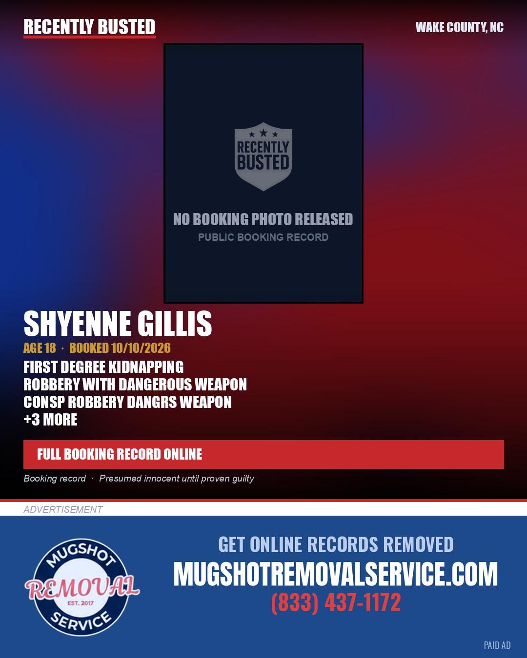 SHYENNE GILLIS — arrest record card, Wake County, North Carolina