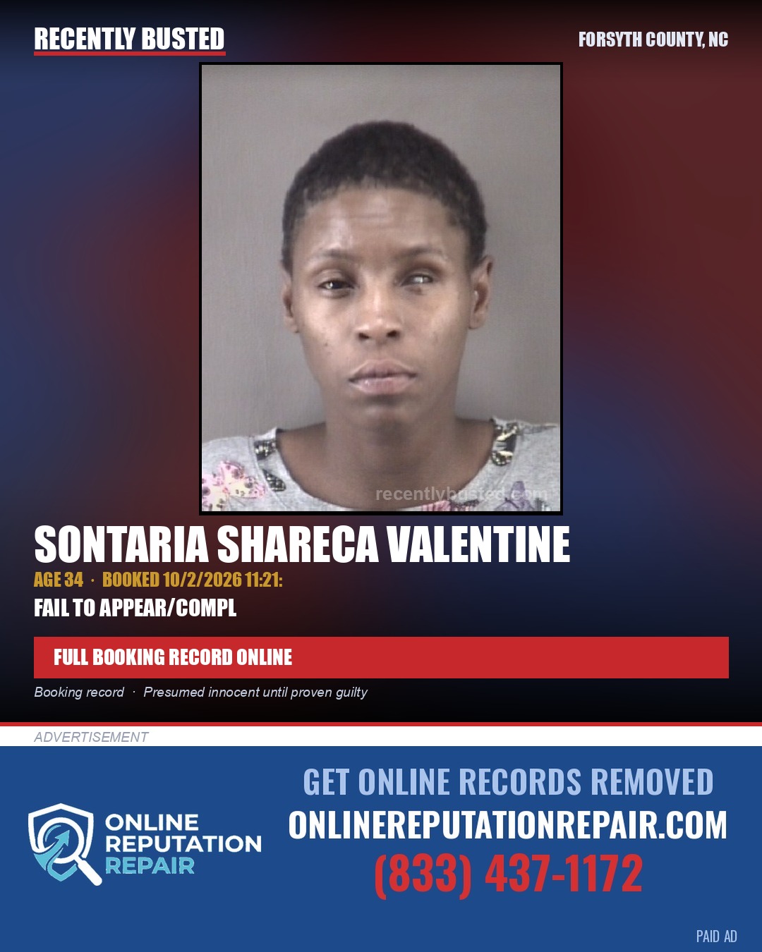 SONTARIA SHARECA VALENTINE — arrest record card, Forsyth County, North Carolina