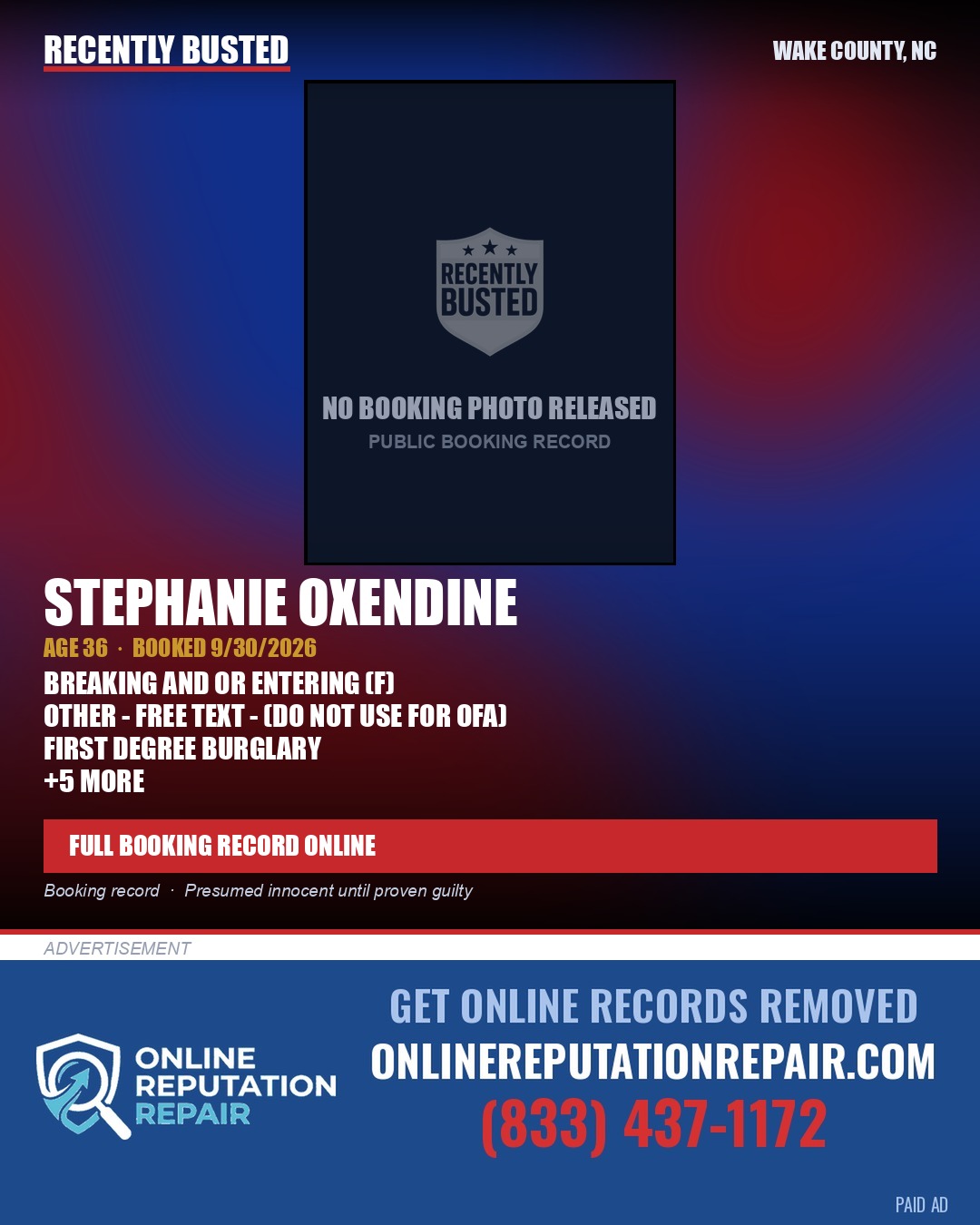STEPHANIE OXENDINE — arrest record card, Wake County, North Carolina