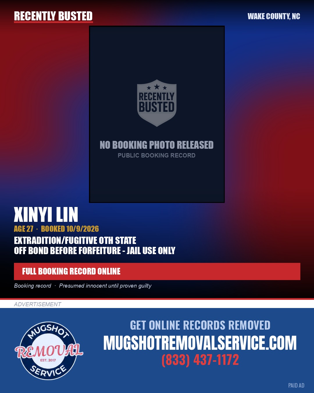 XINYI LIN — arrest record card, Wake County, North Carolina