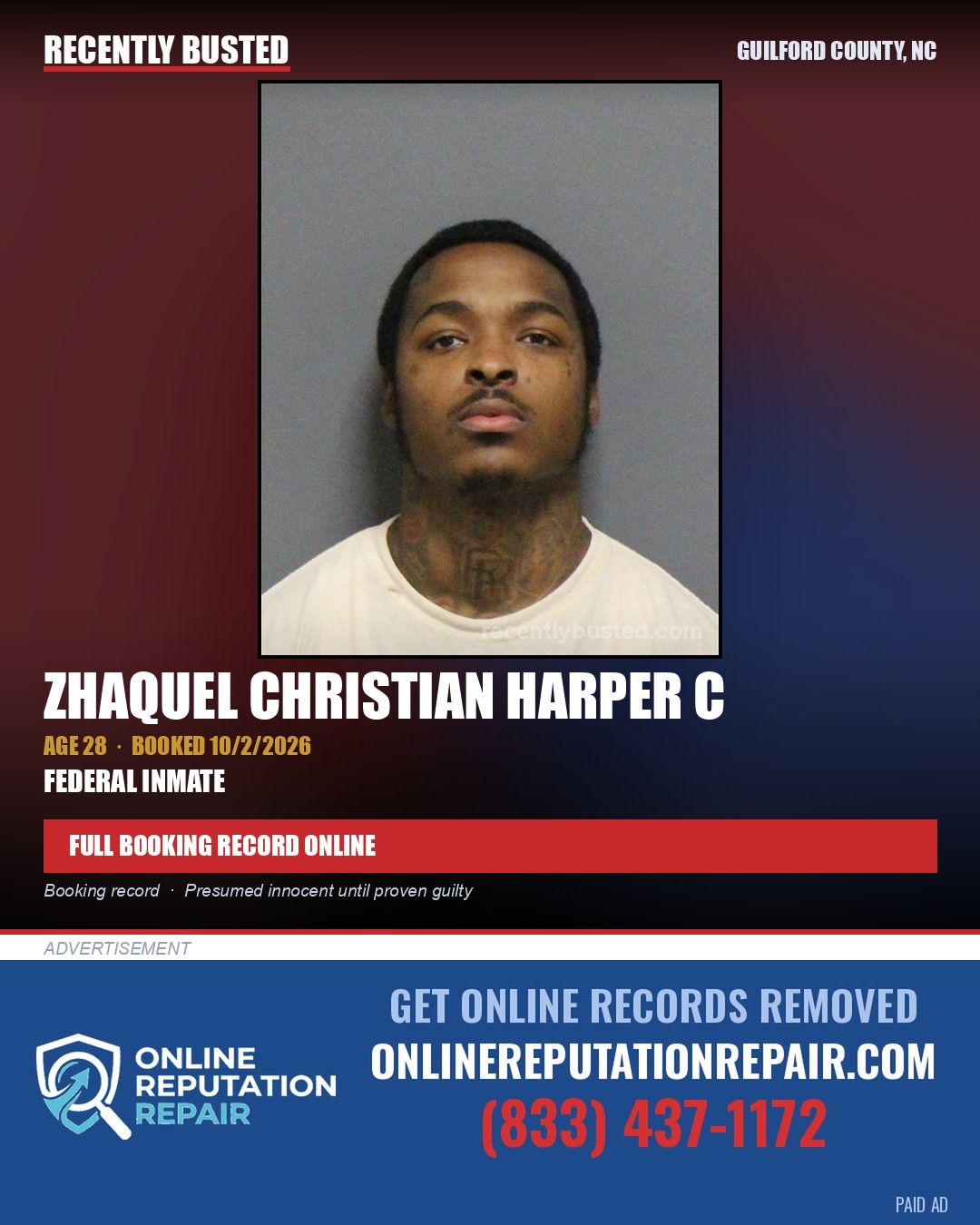 ZHAQUEL CHRISTIAN HARPER C — arrest record card, Guilford County, North Carolina