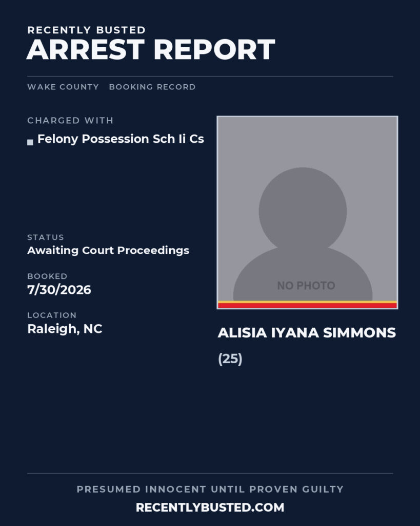 ALISIA IYANA SIMMONS — arrest record card, Wake County, North Carolina