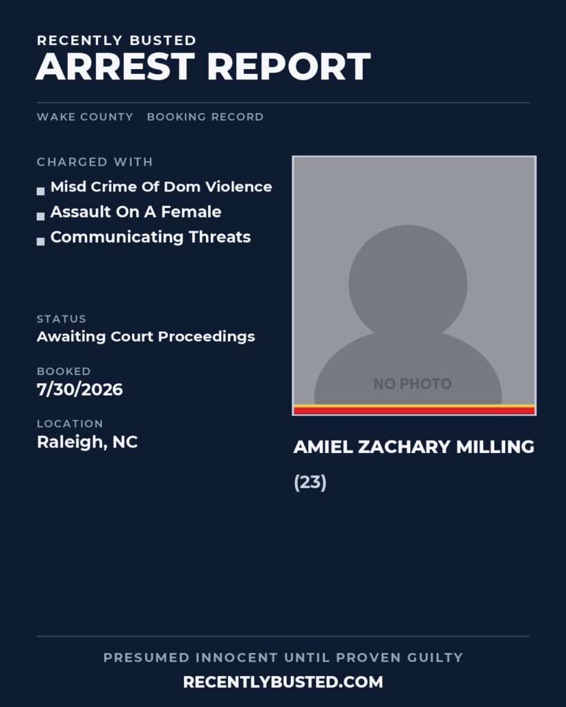 AMIEL ZACHARY MILLING — arrest record card, Wake County, North Carolina