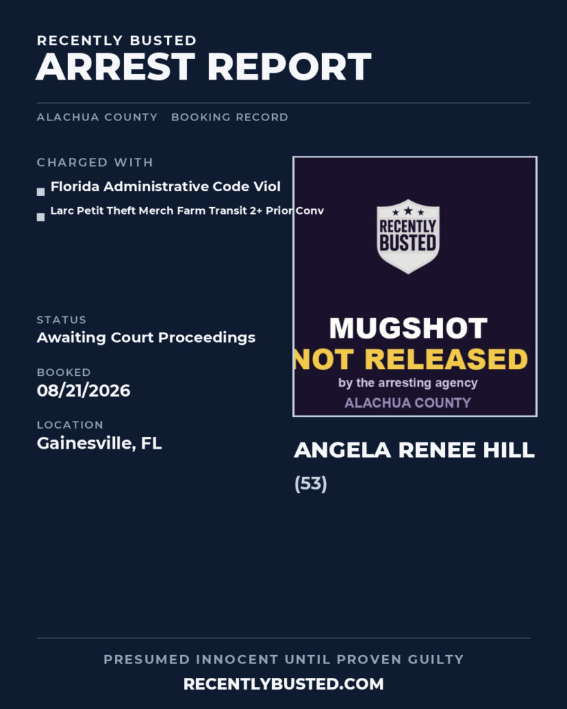 Angela Renee Hill — arrest record card, Alachua County, Florida