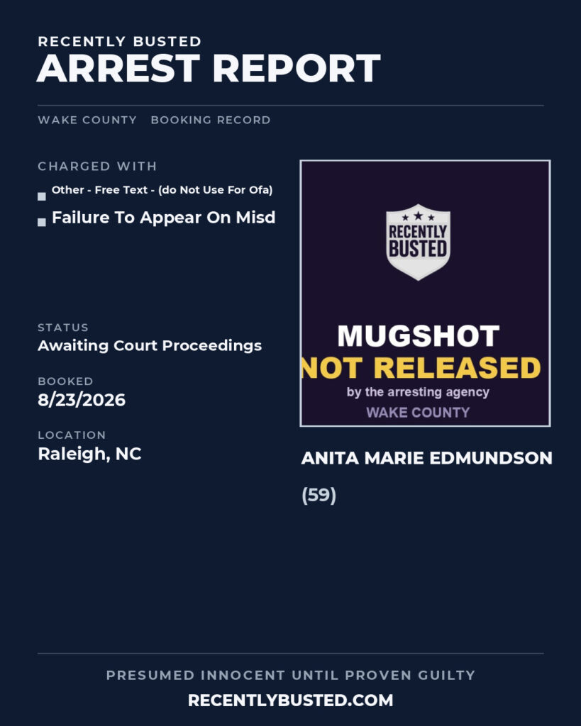 ANITA MARIE EDMUNDSON — arrest record card, Wake County, North Carolina