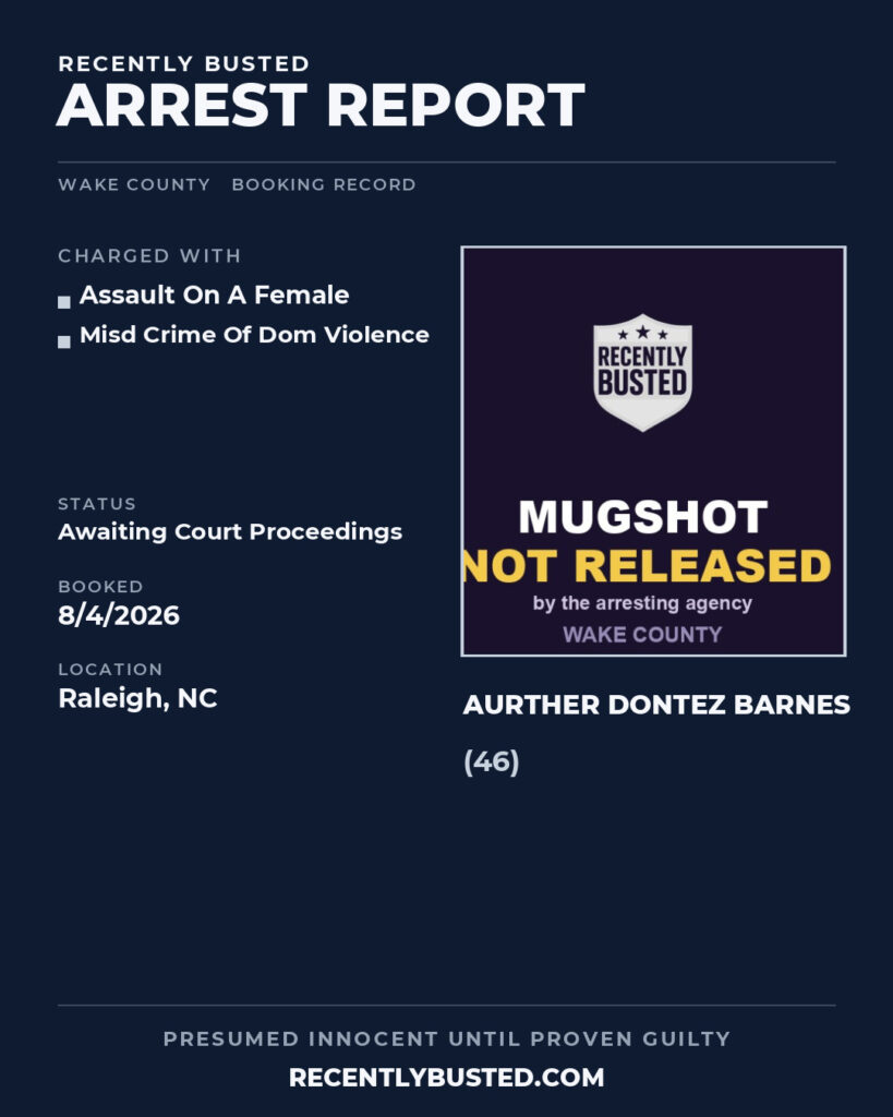 AURTHER DONTEZ BARNES — arrest record card, Wake County, North Carolina
