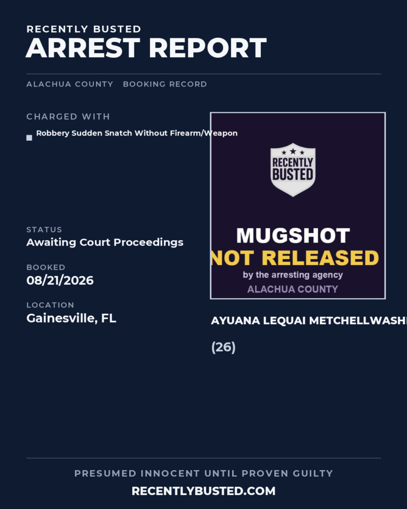 Ayuana Lequai Metchellwashington — arrest record card, Alachua County, Florida