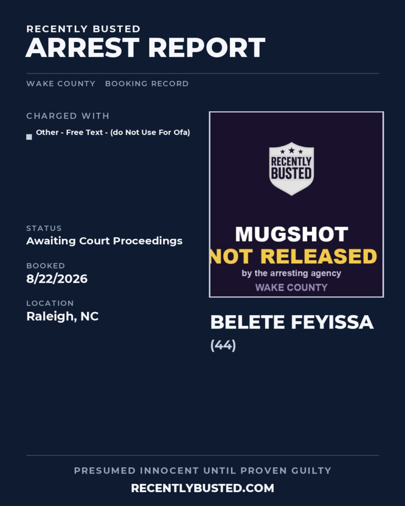 BELETE FEYISSA — arrest record card, Wake County, North Carolina