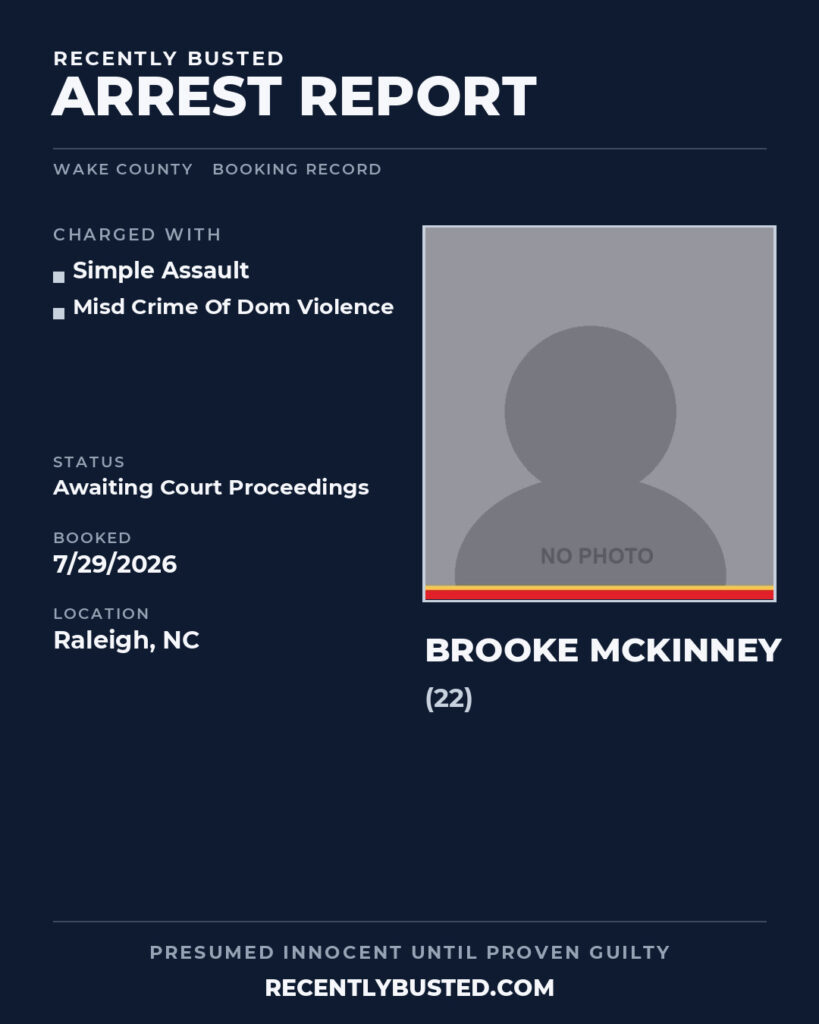 BROOKE MCKINNEY — arrest record card, Wake County, North Carolina