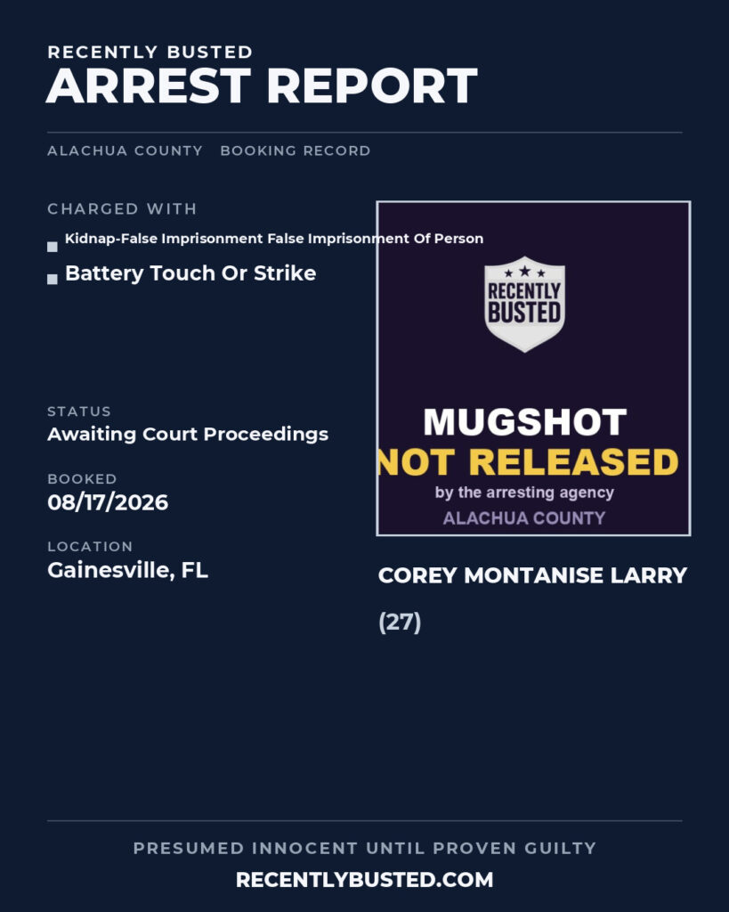Corey Montanise Larry — arrest record card, Alachua County, Florida