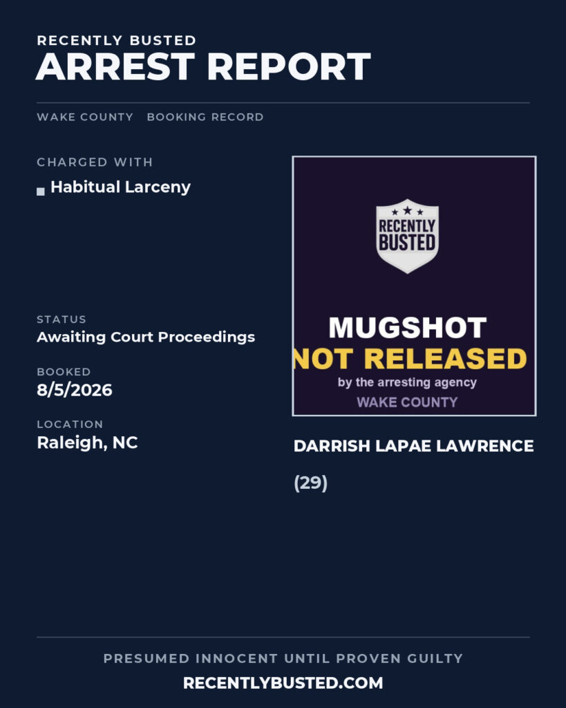 DARRISH LAPAE LAWRENCE — arrest record card, Wake County, North Carolina