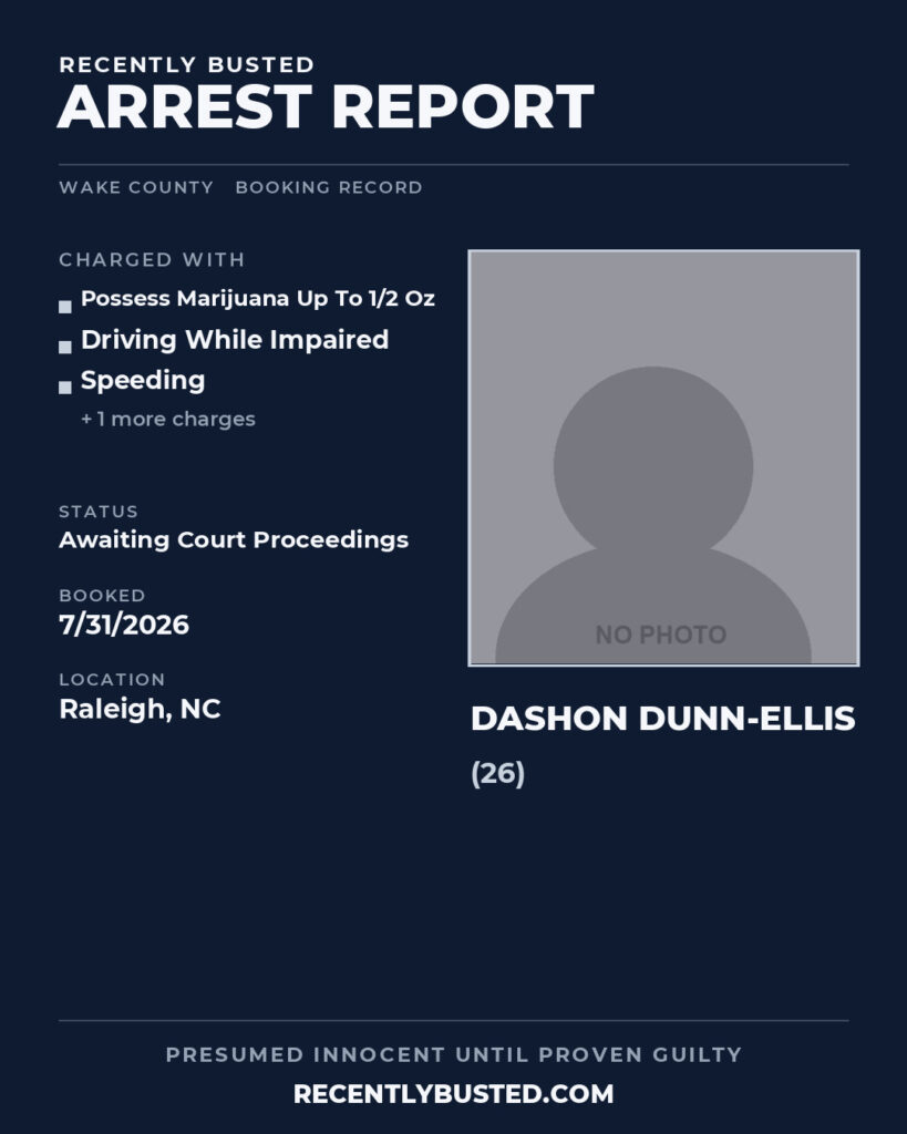 DASHON DUNN-ELLIS — arrest record card, Wake County, North Carolina
