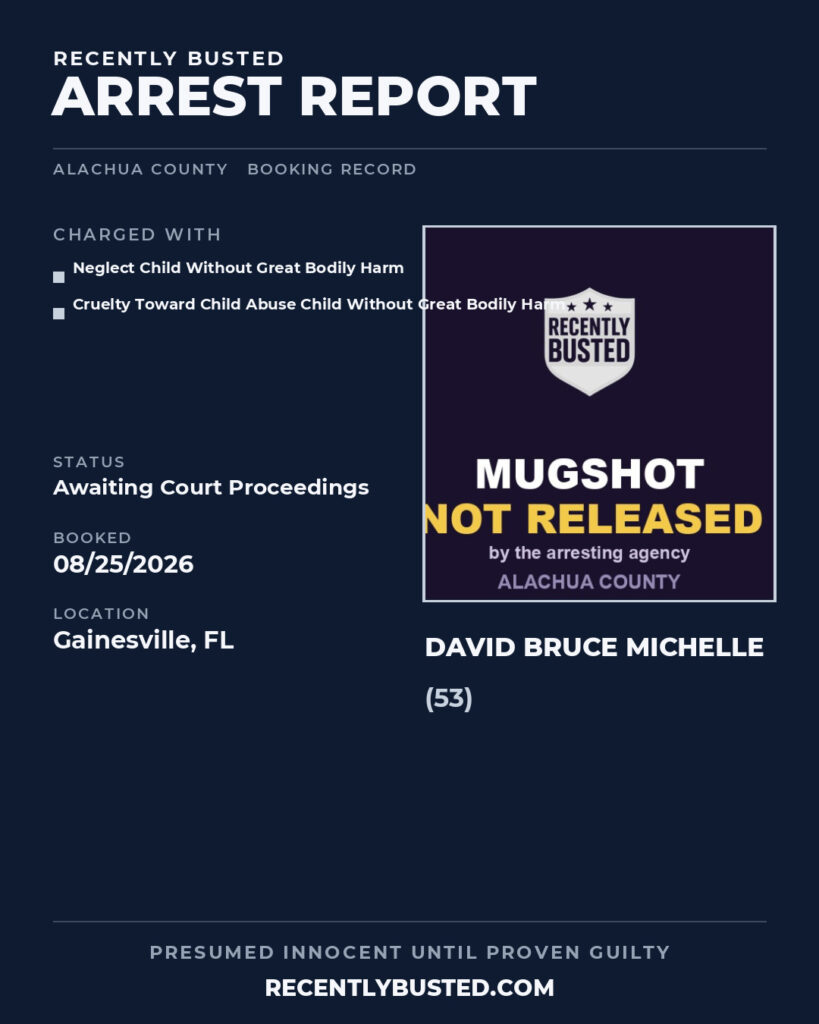 David Bruce Michelle — arrest record card, Alachua County, Florida