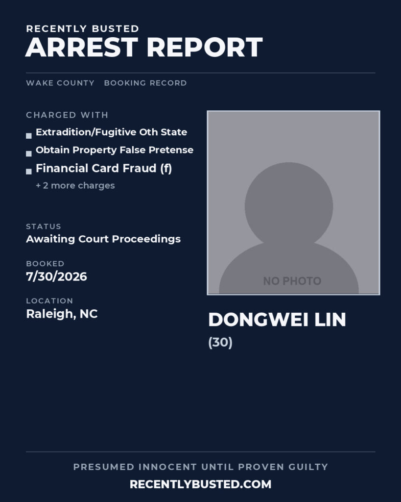 DONGWEI LIN — arrest record card, Wake County, North Carolina