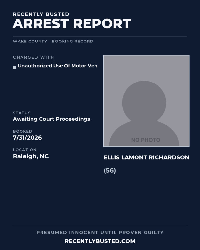 ELLIS LAMONT RICHARDSON — arrest record card, Wake County, North Carolina