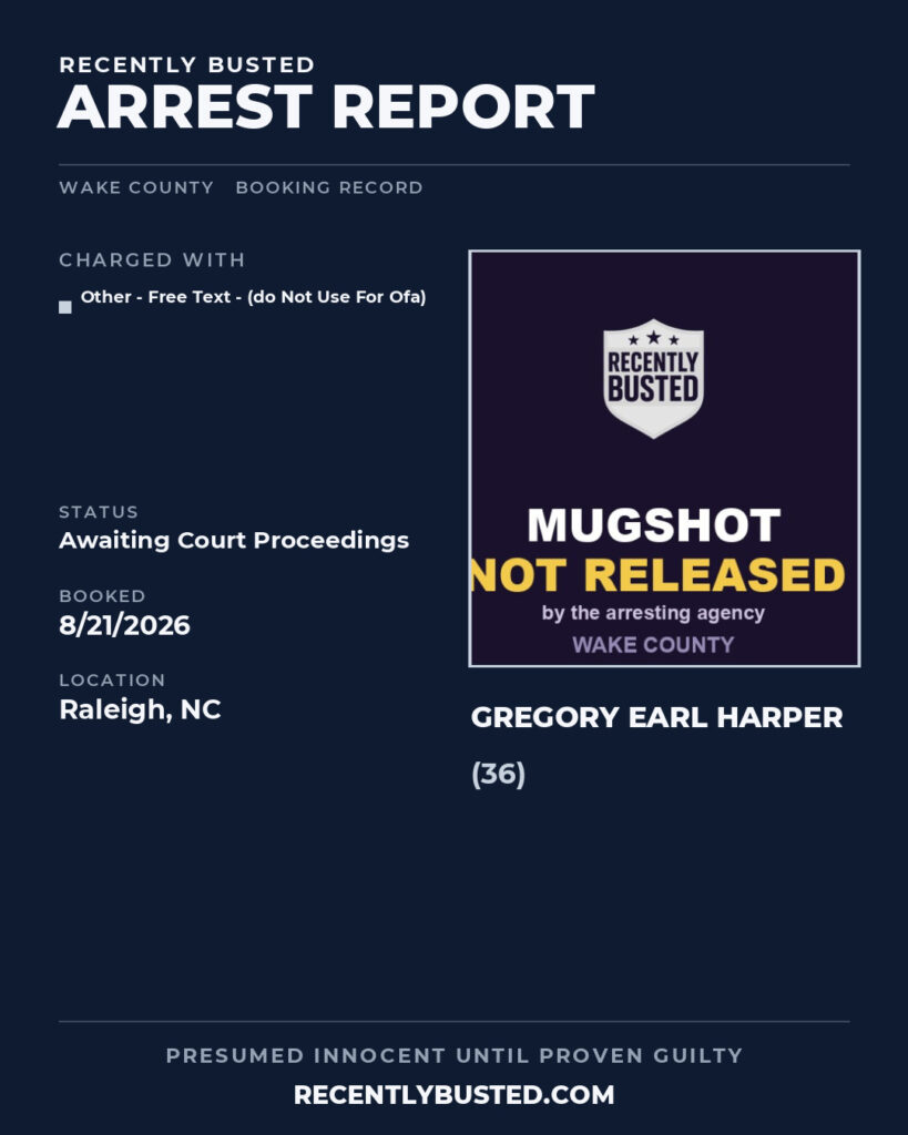 GREGORY EARL HARPER — arrest record card, Wake County, North Carolina