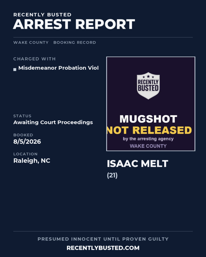 ISAAC MELT — arrest record card, Wake County, North Carolina