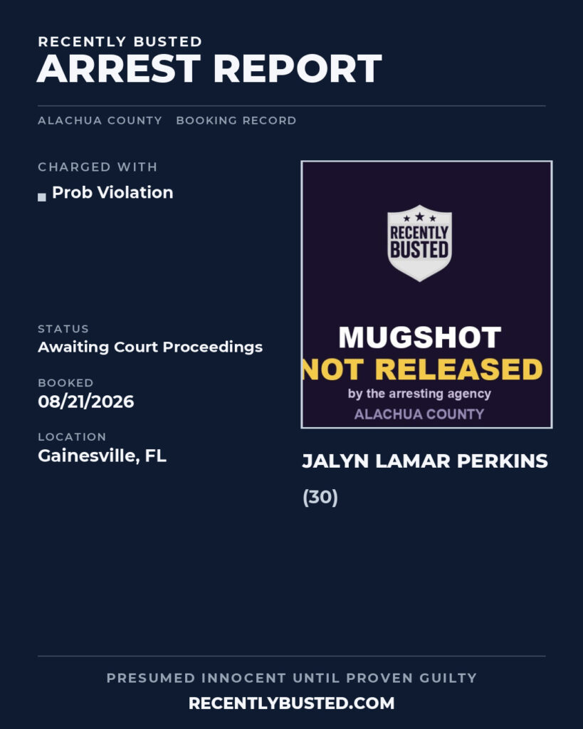 Jalyn Lamar Perkins — arrest record card, Alachua County, Florida