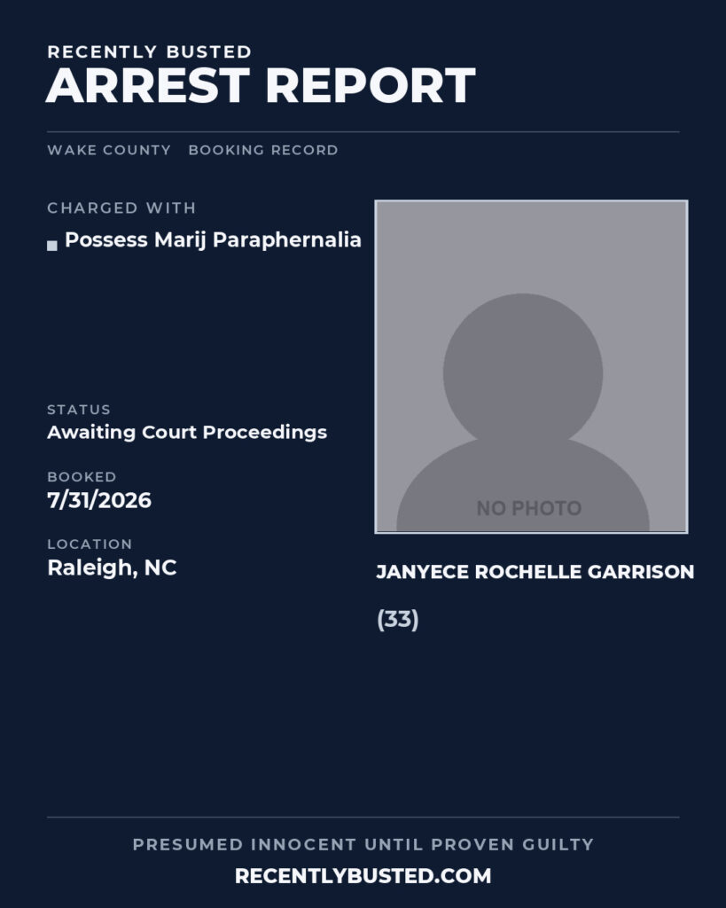 JANYECE ROCHELLE GARRISON — arrest record card, Wake County, North Carolina