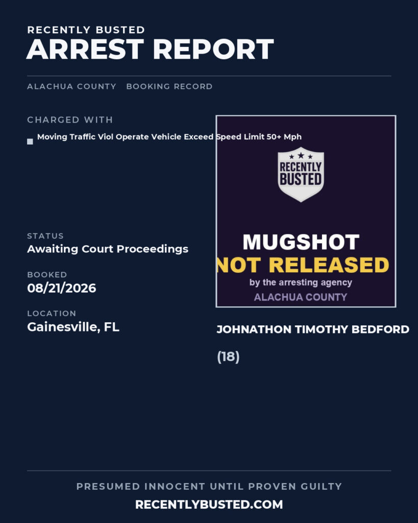 Johnathon Timothy Bedford — arrest record card, Alachua County, Florida