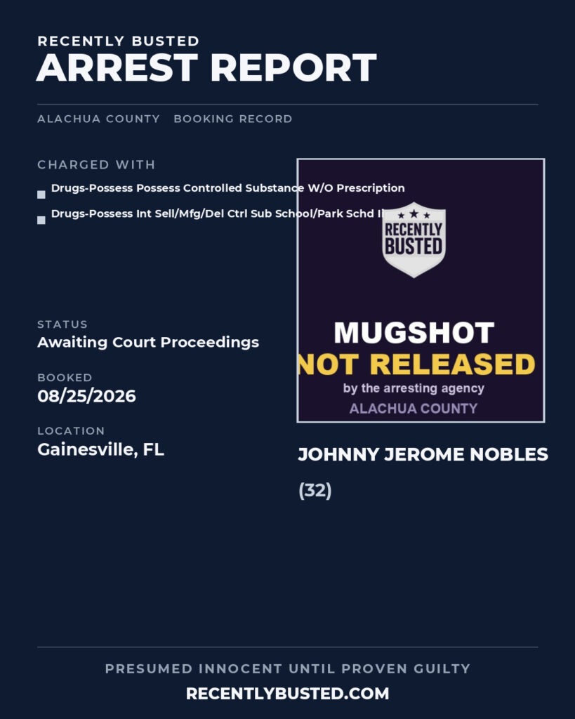 Johnny Jerome Nobles — arrest record card, Alachua County, Florida