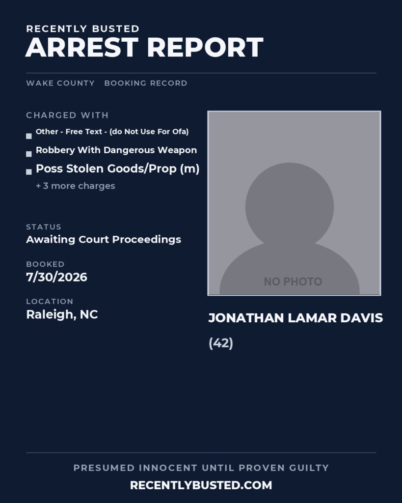 JONATHAN LAMAR DAVIS — arrest record card, Wake County, North Carolina